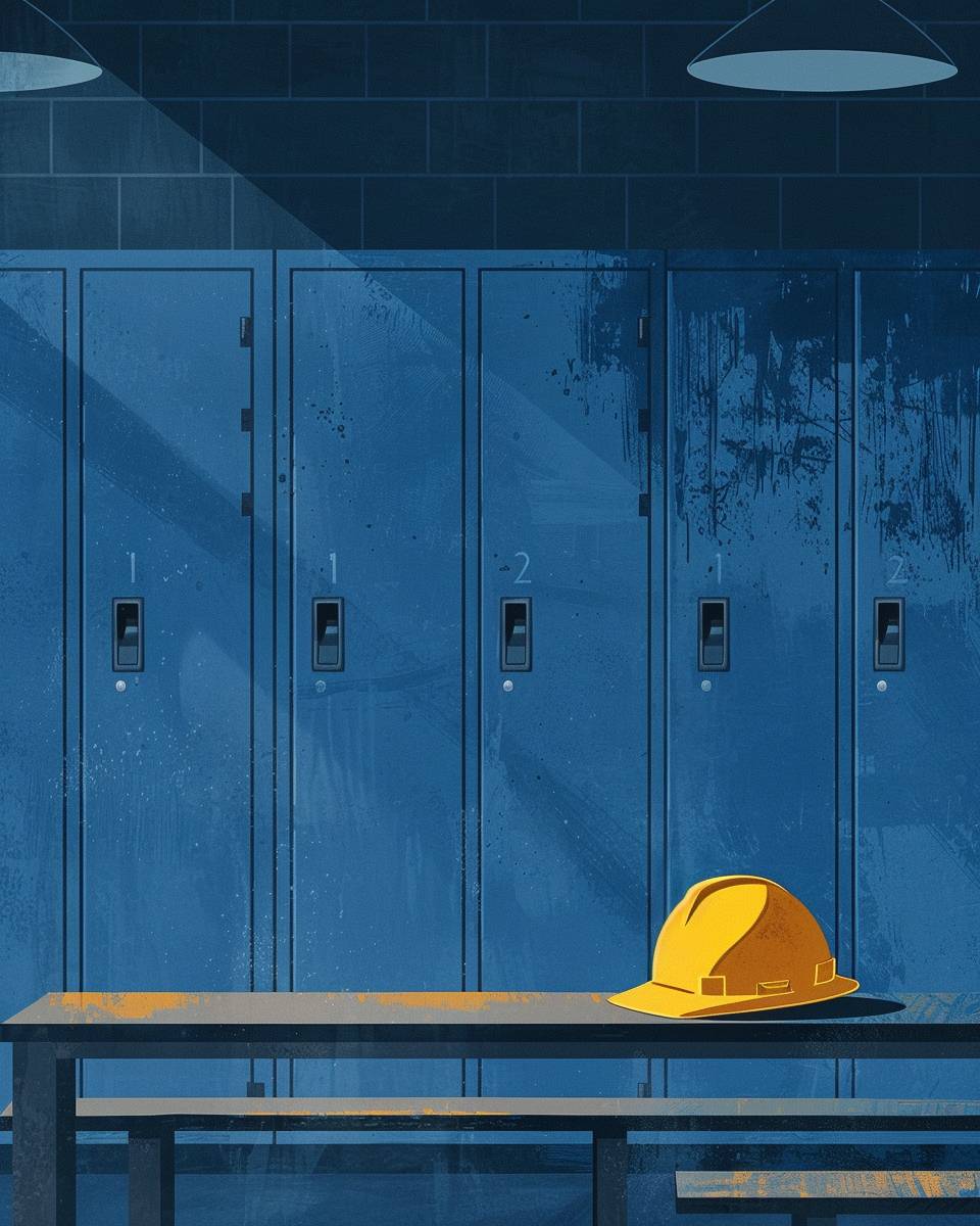 A minimalist poster illustration of a hard hat sitting on a bench in a locker room. The simple background uses sapphire blue to complement the theme. The illustration is in the style of a minimalist artist.