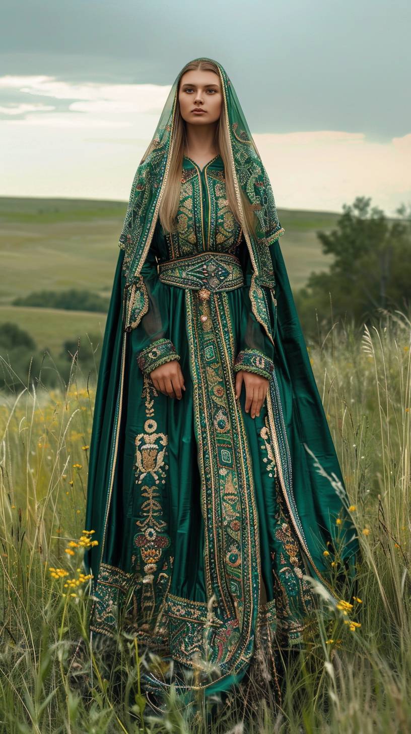 Full-length photo of a woman in Ukrainian ethnic green dress, Donetsk region, steppe. Hyperrealistic photo, very detailed.