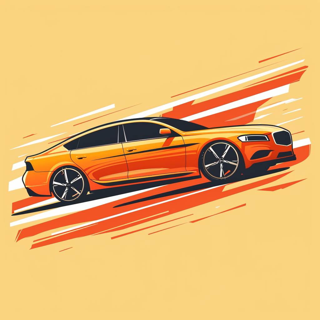 A pop art style digital logo featuring a sleek sedan from a diagonal angle, with flowing lines and vibrant orange colors. The background is minimalistic, emphasizing the car's dynamic and stylish design, in HD quality, vivid style