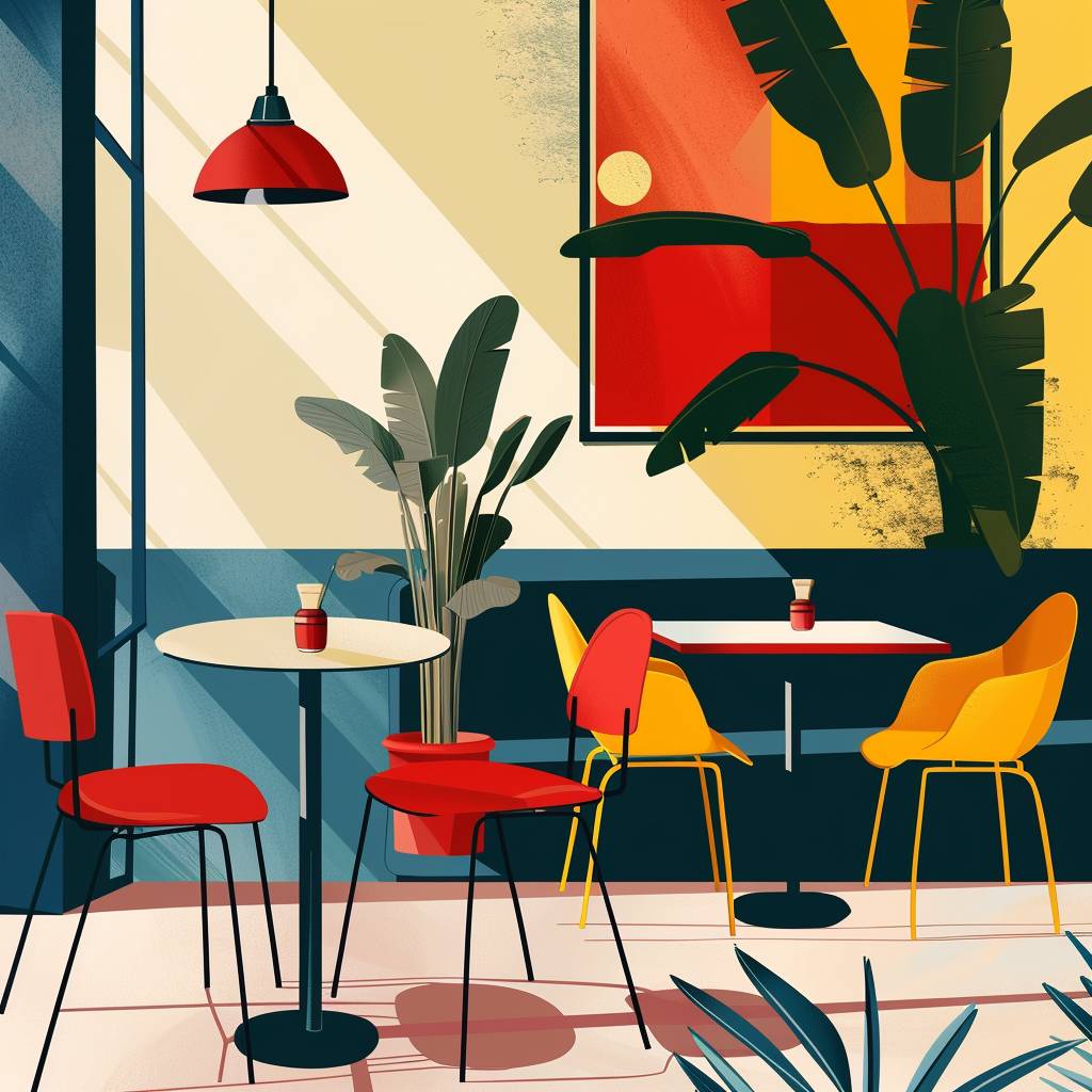 Retro vintage Graphic minimal style Ikea Scandinavian style Cafe Interior design, Artistic Illustration, Pop Art Minimal Modernism Style, pop art color.