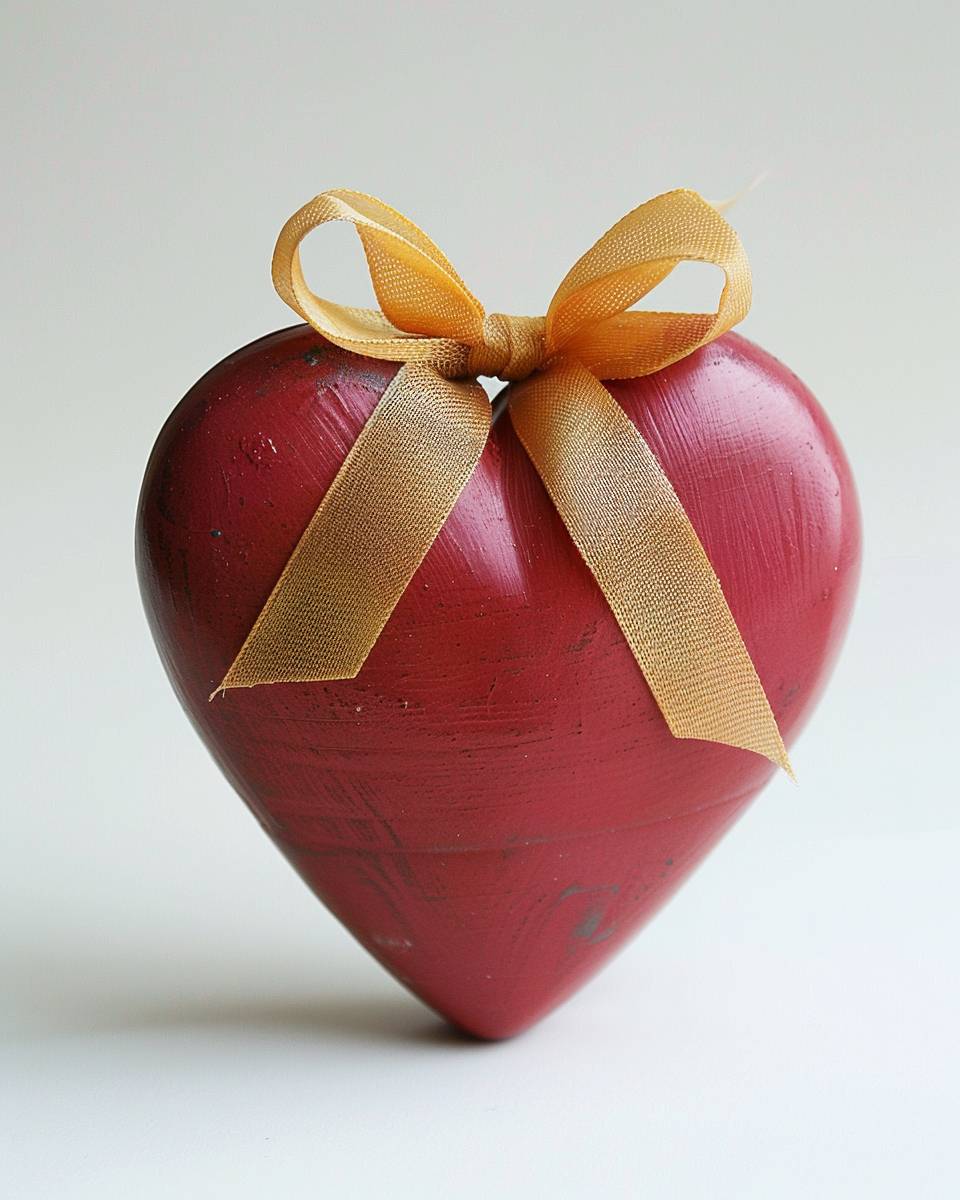 Red and pink heart, matte finish, tied with a yellow ribbon like a gift, atmospheric lighting, on a white background