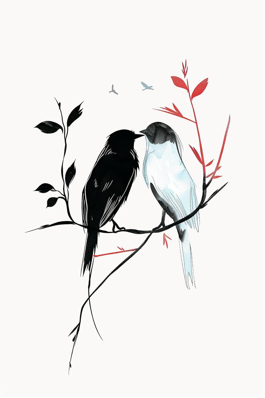 Minimalist bird duo, sleek line drawing, black with hints of red and blue, calm and elegant, warm ambient lighting, white background