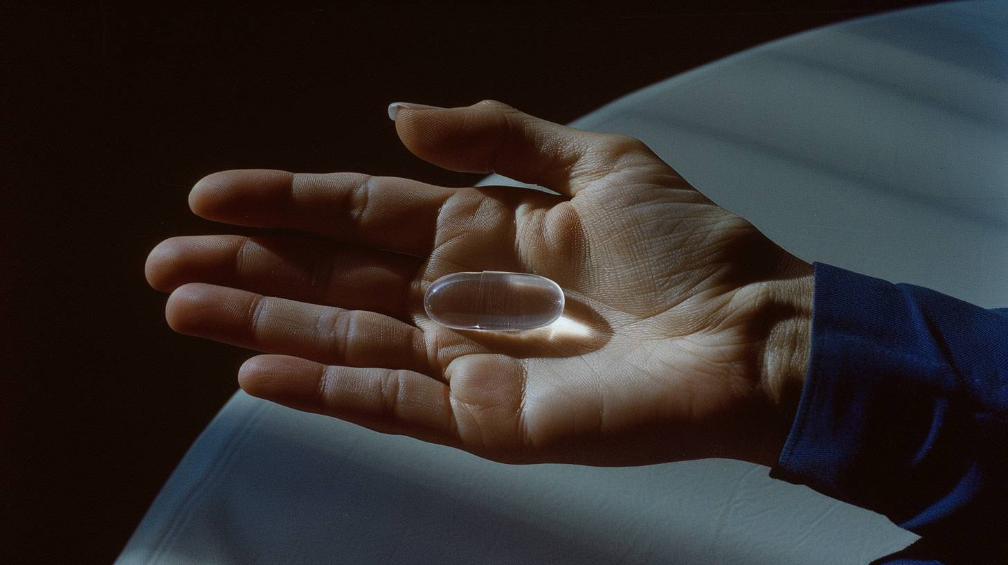 Cinematic close up shot of a strange flying pill in woman's palm