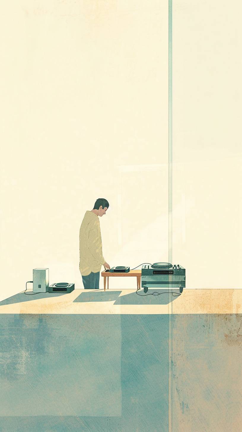 A painting showing a man standing over DJ equipment at a table, clear thin lines, cute, detailed brushstrokes, minimal color, simple line work, Ryo Takemasa, 8k, plenty of copy space