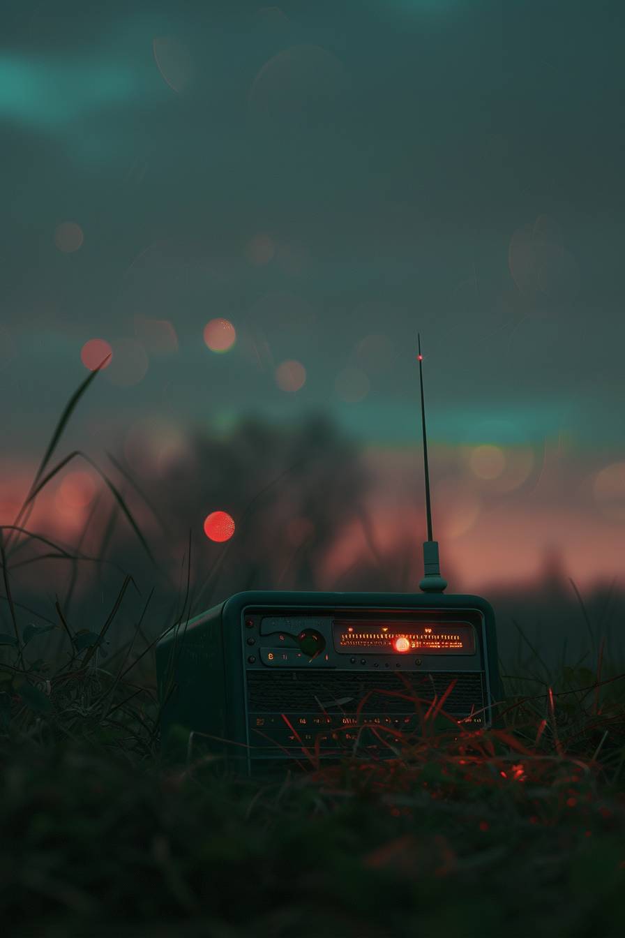 A small vintage radio in the middle of a lowland. Found footage. Realistic. Video game aesthetic. Mint and tiffany tones. Dark dawn night sky with green, blue and soft orange reflections. Soft hues of green, purple and red in the background, pastel palette with warm tones. Low details and texture. 2000s nostalgia. minimalistic. Ghibli aesthetic. Clear weather. Natural light. Simple. Surrealistic, lo-fi aesthetic and dreamy vaporwave atmosphere.