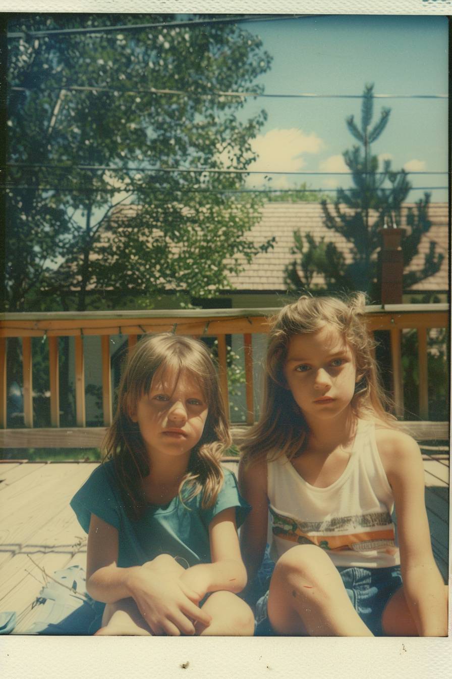 Two siblings sitting on deck in late afternoon, early 2000s, flash photography, polaroid