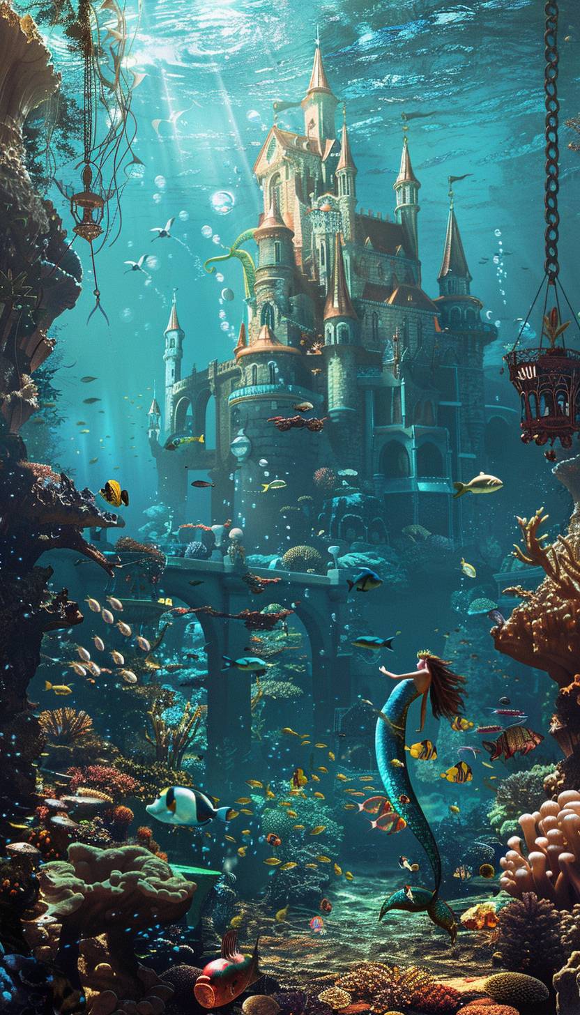 In the style of Hergé, an underwater kingdom with mermaid royalty