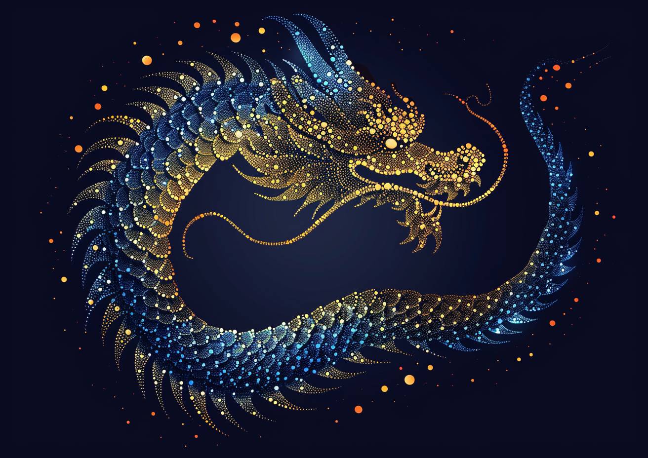 A vector illustration on a blank canvas, using cobalt blue and gold phosphor dots of varying sizes, forming an ouroboros symbol in Chinese dragon style, utilizing negative space