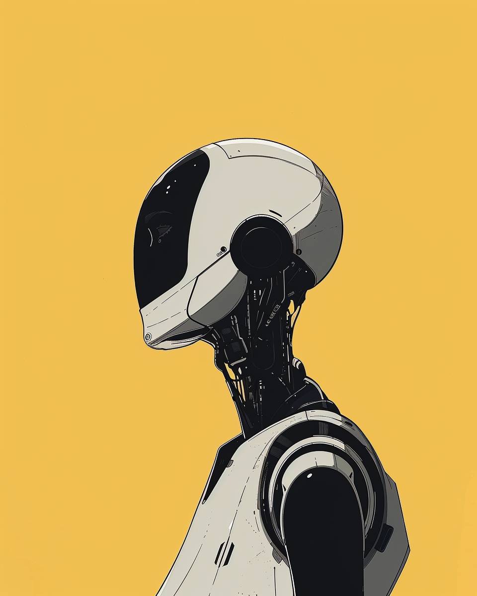 A beautiful robot woman, peaceful serenity, small scene, hand-drawn style, no shading, Chris Ware style, Kate Beaton style, Naoki Urasawa, sharp illustrations, bold lines and solid colors, simple details, minimalist Giorgio Morandi color scheme, yellow background