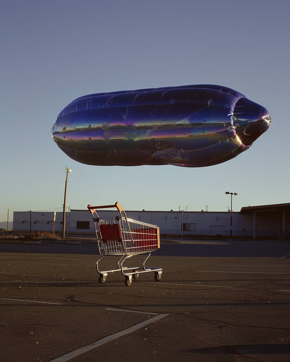 A large iridescent and heterogeneous soap bubble floating through a parking lot above an abandoned red shopping cart, sparkling and glistening in the sun. The bubble is reflecting the world around it as it glistens.