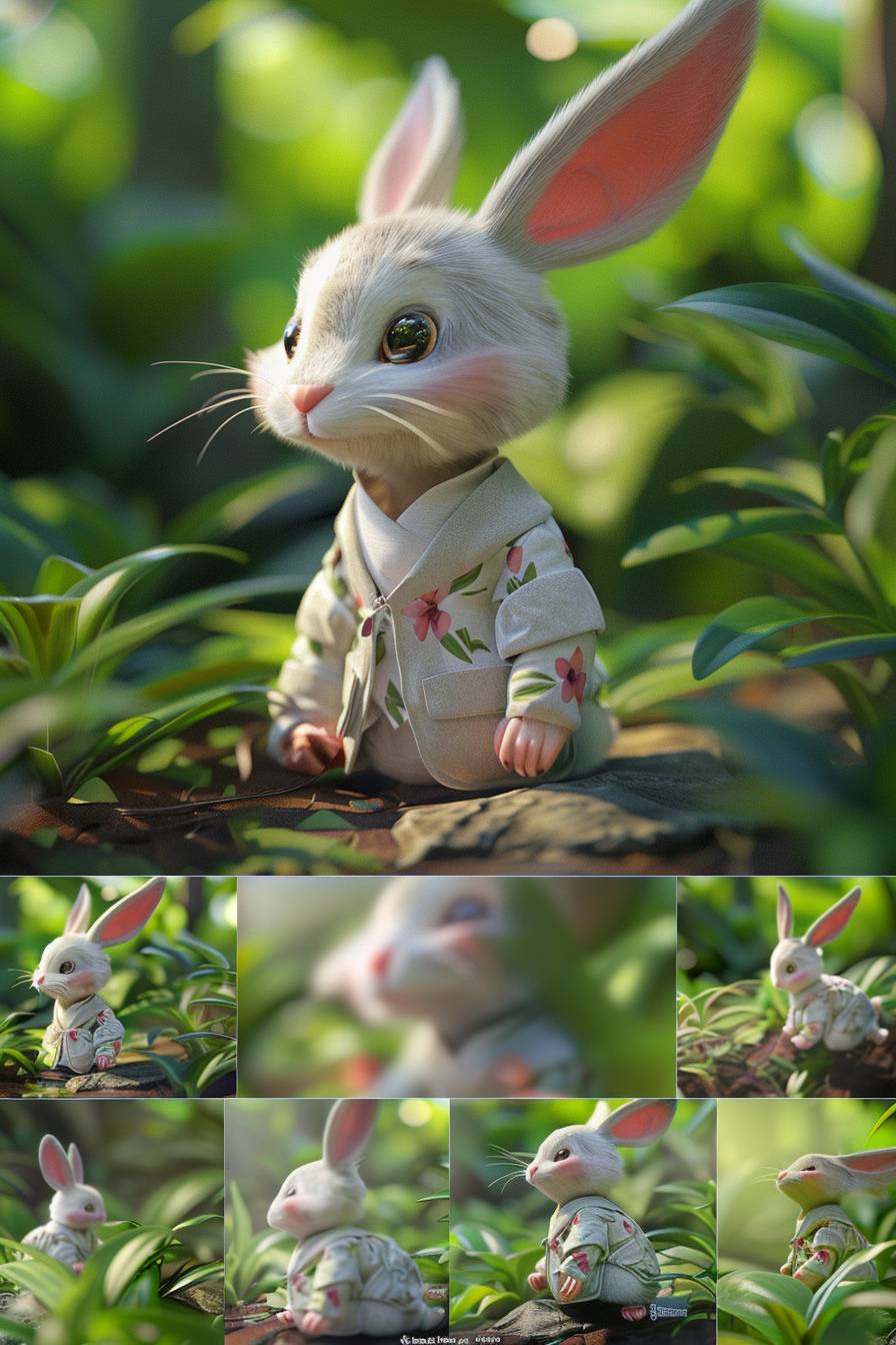 Cartoon 3D image, an anthropomorphic cute little white rabbit wearing clothes, with the background of a jungle, divided into 9 different images, shot from multiple angles, 3D, Unreal Engine