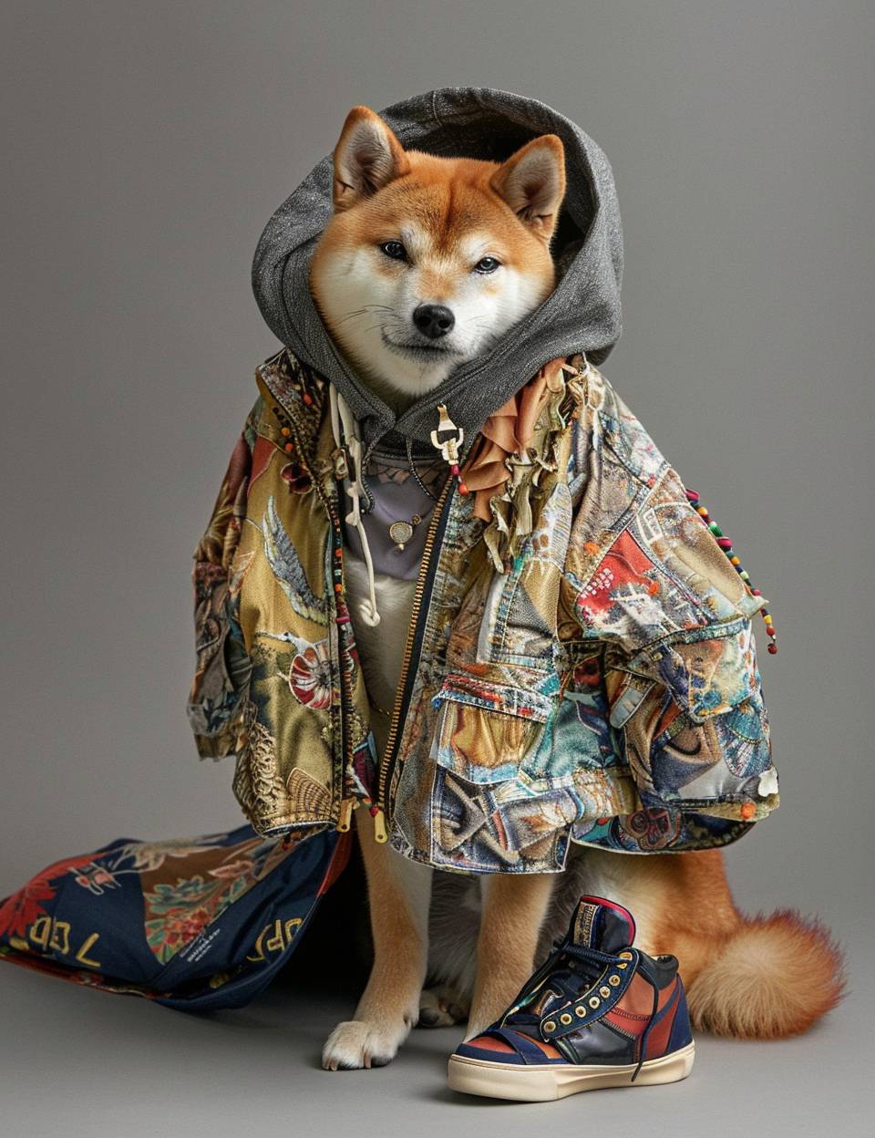 In the style of a fashion shoot, a photo of an anthropomorphic Shiba Inu dog wearing large hiphop clothes from the 1990s and sneakers, fantasy, insanely detailed and intricate, hypermaximalist, high fashion.