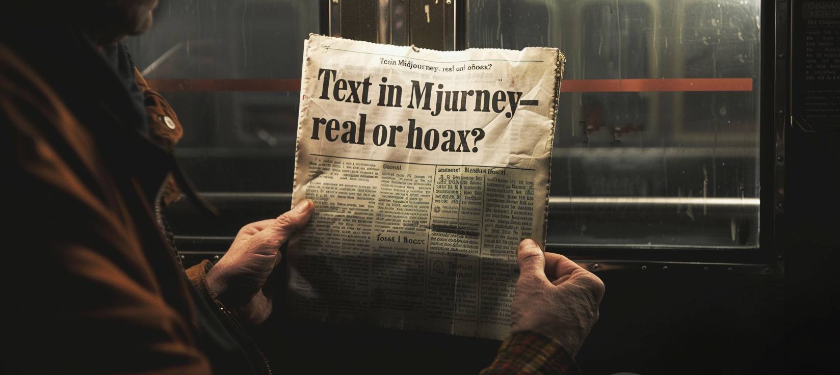 Hands holding newspaper with heading 'Text in Midjourney- real or hoax?'