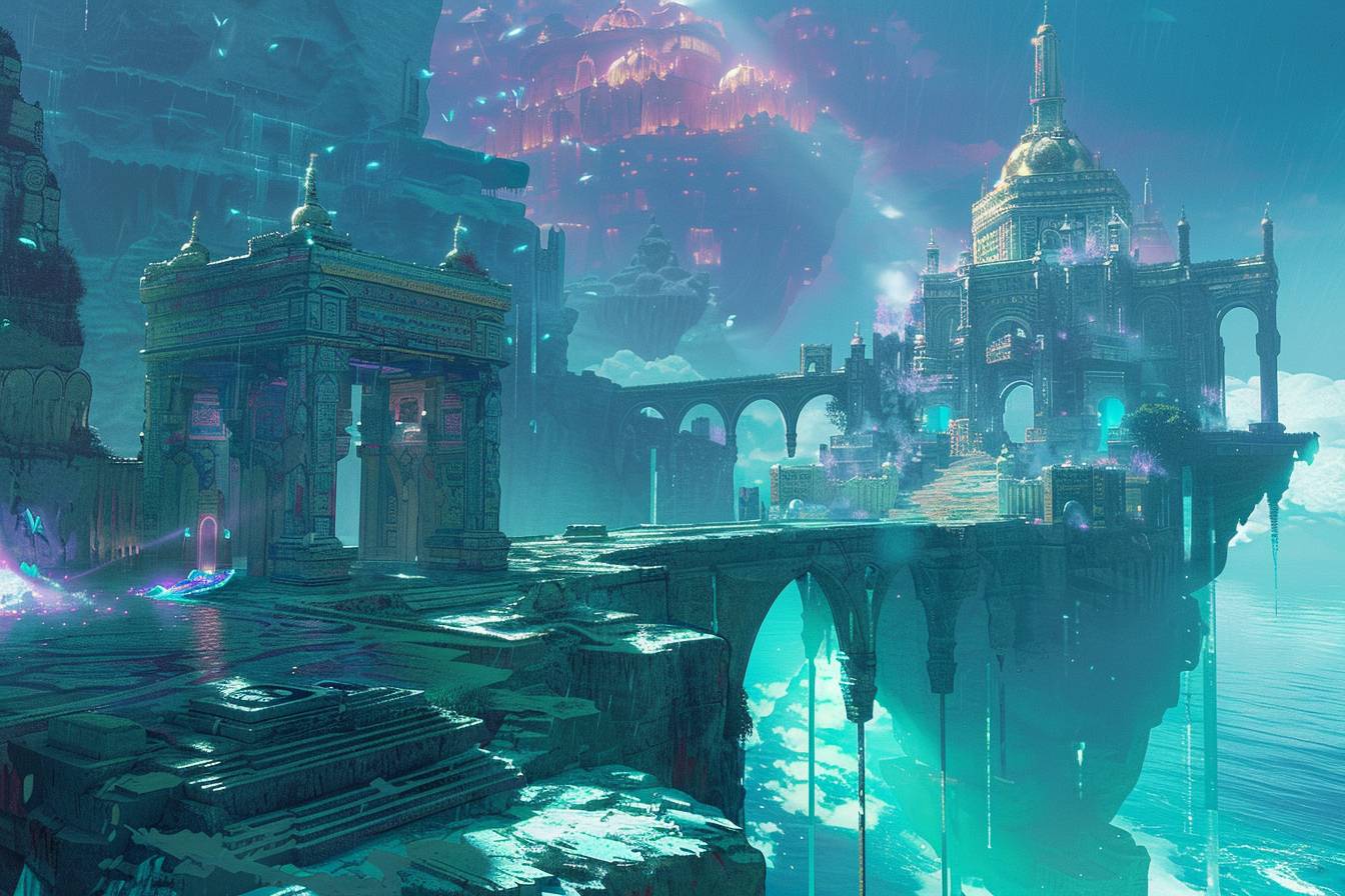 王国を象徴する紫色と神秘的な青緑が融合し、壮大な物語や伝説のクエストが描かれる『ハイファンタジーキングダム』の古代浮遊城を冒険しよう。