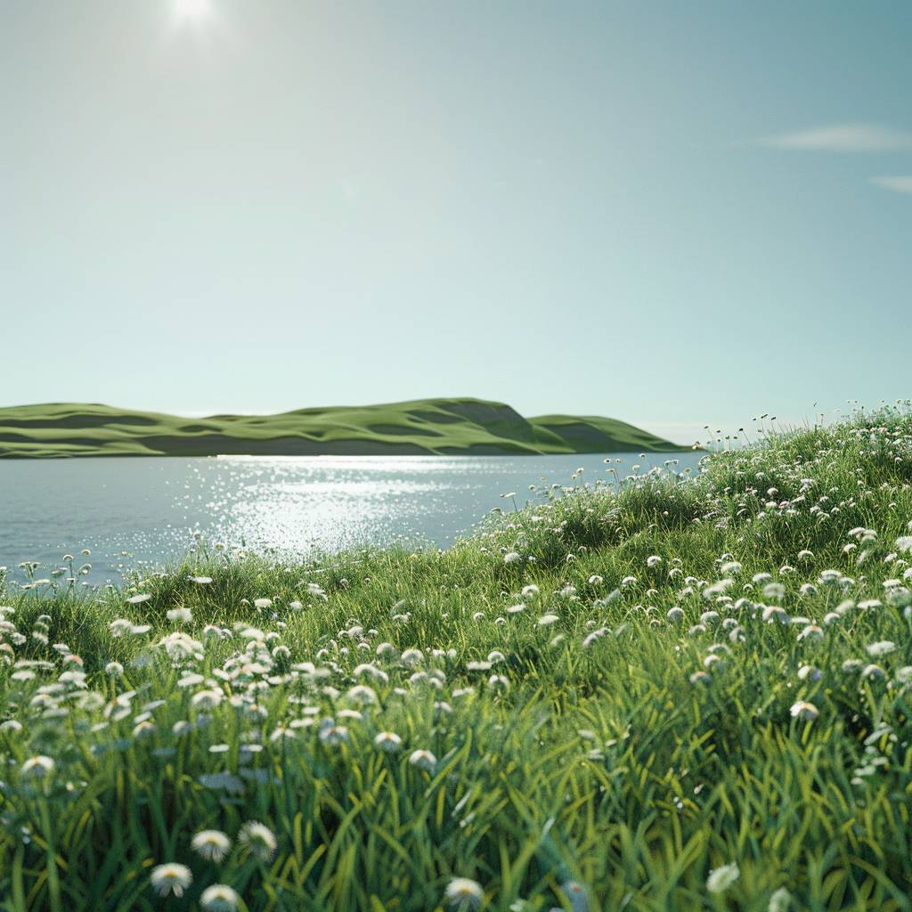 3D rendering of a green grassland with a lake in the distance, grassy hills, lake water, white flowers on the shore, sky blue background, C4d modeling, OC renderer renderings, soft lighting, solid color clean background, minimalist style, low angle perspective, high resolution, high detail, in the style of OC renderer renderings.