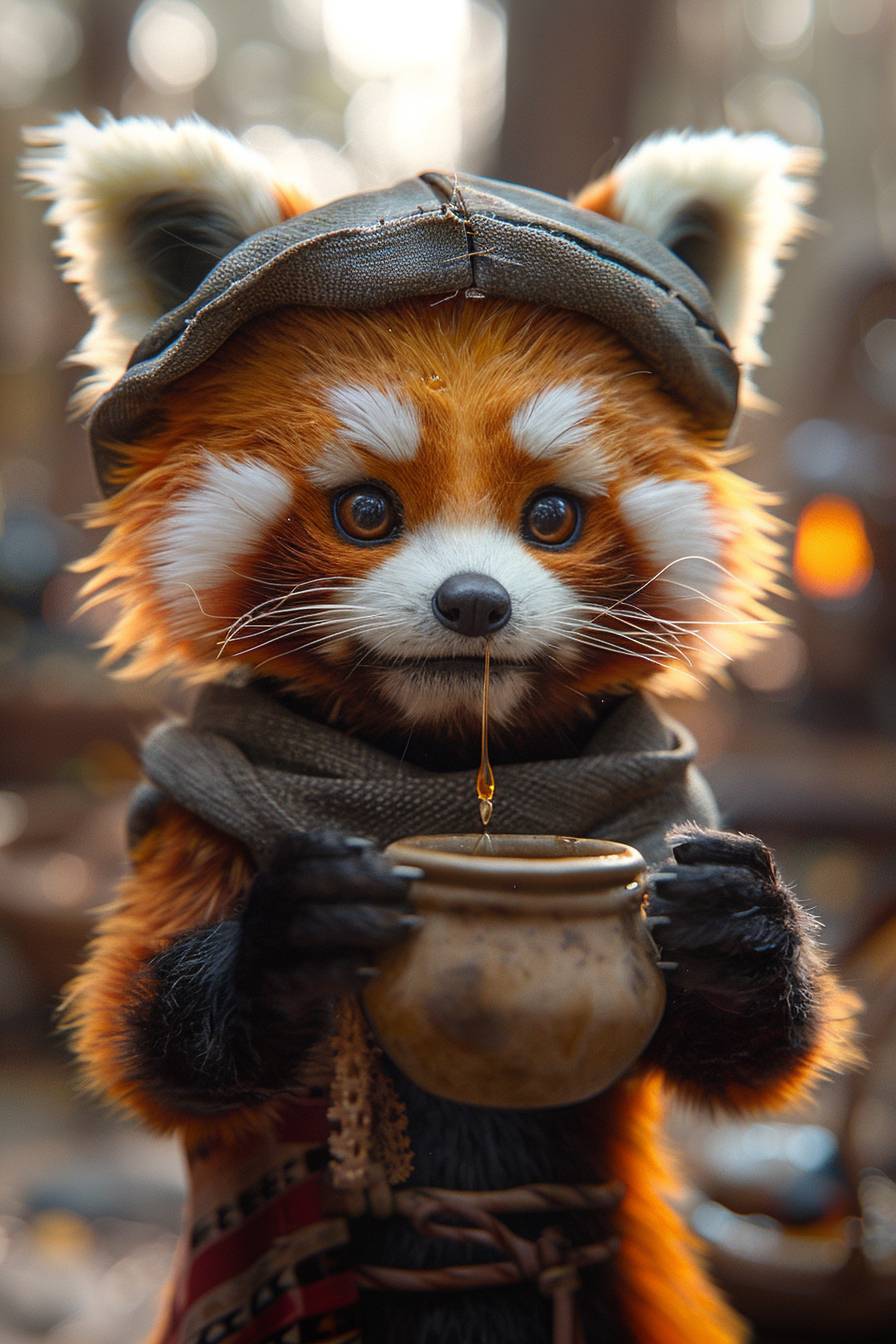 Cute small humanoid red panda. He puts his paw into a clay pot with honey. Volumetric, warm indoor lighting. ArtStation, detailed, digital painting. Cinematic character design by Hayao Miyazaki. Unreal Engine 5, DAZ, hyperrealistic, Octane Renderer, Arnold Renderer, 8K, matte effect. --ar 2:3 --stylize 750 --v 6.0