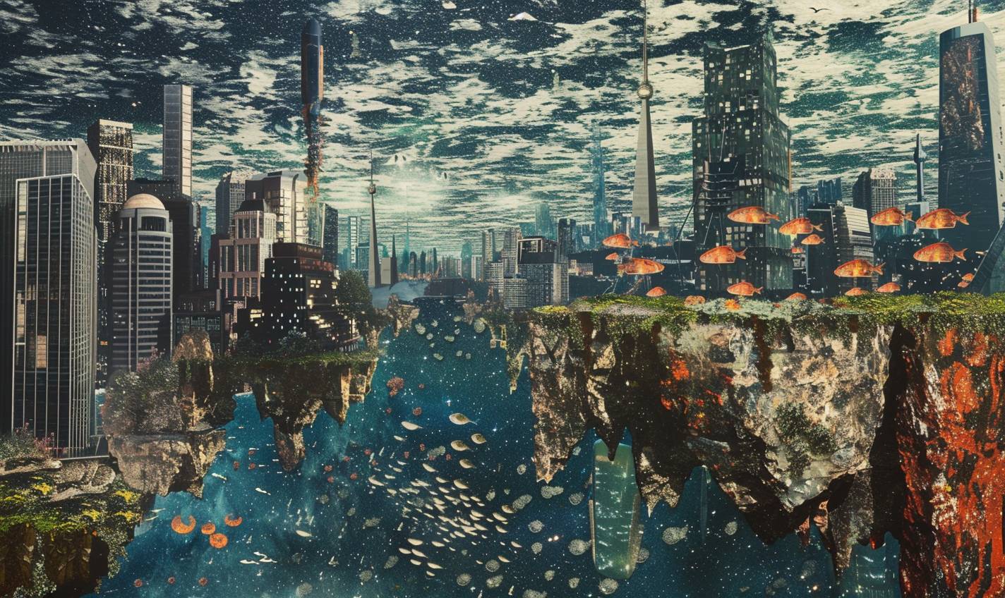 In style of Grandma Moses, Cybernetic cityscape teeming with artificial life