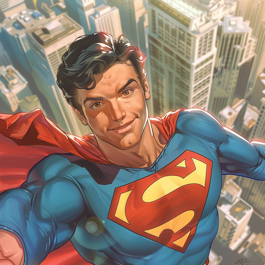 Comic book illustration, a selfie of Superman of DC comics, wearing the typical blue Superman costume with the red cape Metropolis city background, sunny day, DC comics, comic book style, highly-detailed