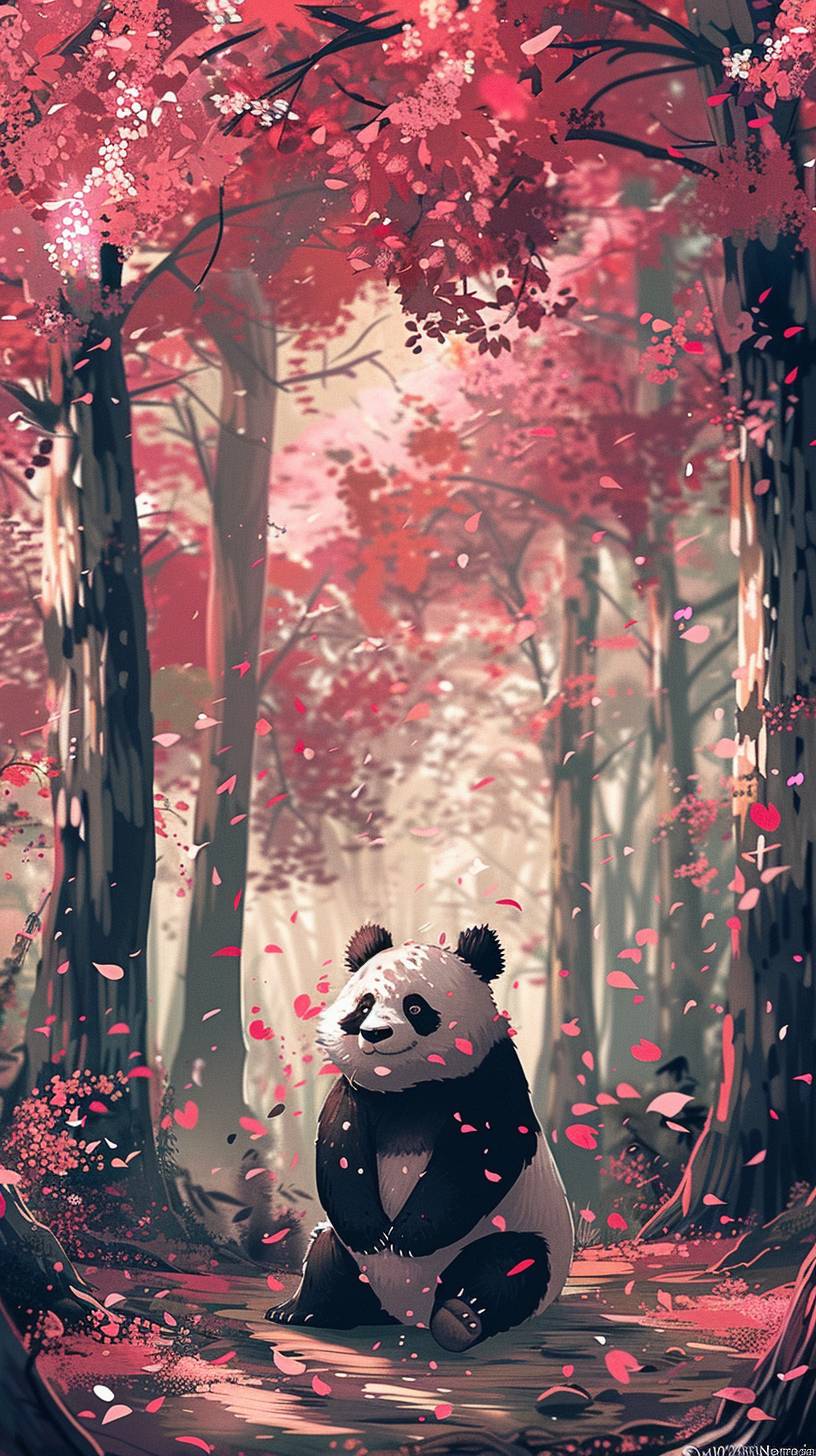 A happy panda in the style of Totoro, surrounded by a forest of cherry blossom trees