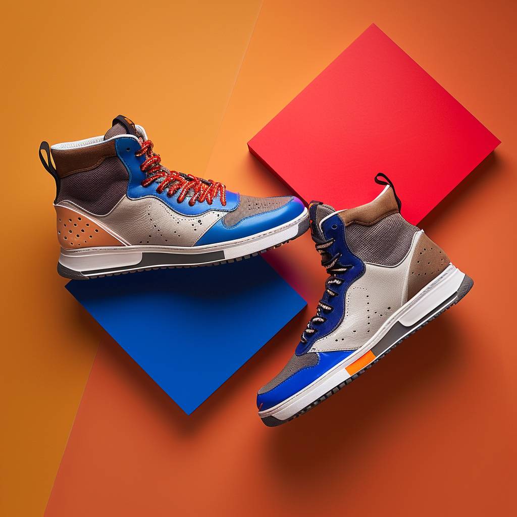 A product photography of a two sneakers [description], [color 1], [color 2], [brand logo], [background], [details], [lighting], isometric angle, high resolution