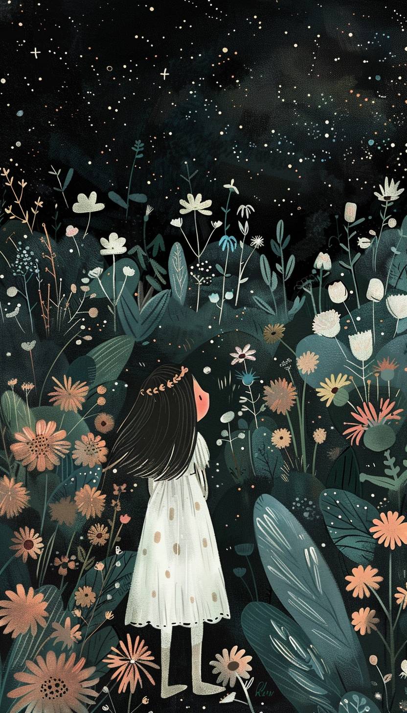 In the style of Sarah Andersen, a celestial garden blooming with otherworldly flowers