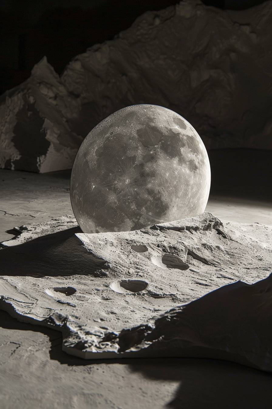 In style of Daniel Arsham, Lunar eclipse casting shadows across the land