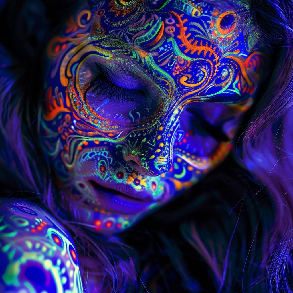 A stunning close-up photo of a woman artfully adorned with blacklight paint. Her face and body are covered in vibrant, intricate fluorescent patterns that glow brilliantly under the UV light. Her hair is cascading down her back, and her eyes are enveloped in a mesmerizing swirl of colors. The background is dark, allowing the neon patterns to truly shine, creating an otherworldly and captivating effect.