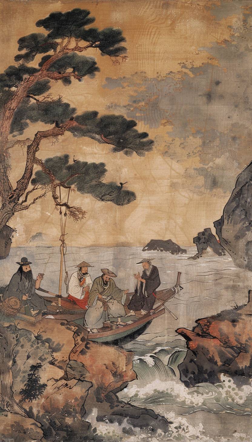 In the style of Kitagawa Utamaro, a pirate crew uncovering buried treasures on an island --ar 4:7  --v 6.0