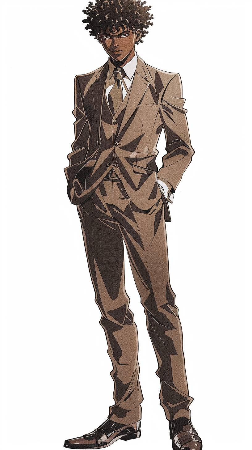 アニメファッションの写真で、夏の色合いが施されたオーダーメイドスーツを着たブラックアニメ男性がアニメスタイルの岸本斉史氏が着ています。2024年のデザイナーBrunello Cucinelli.