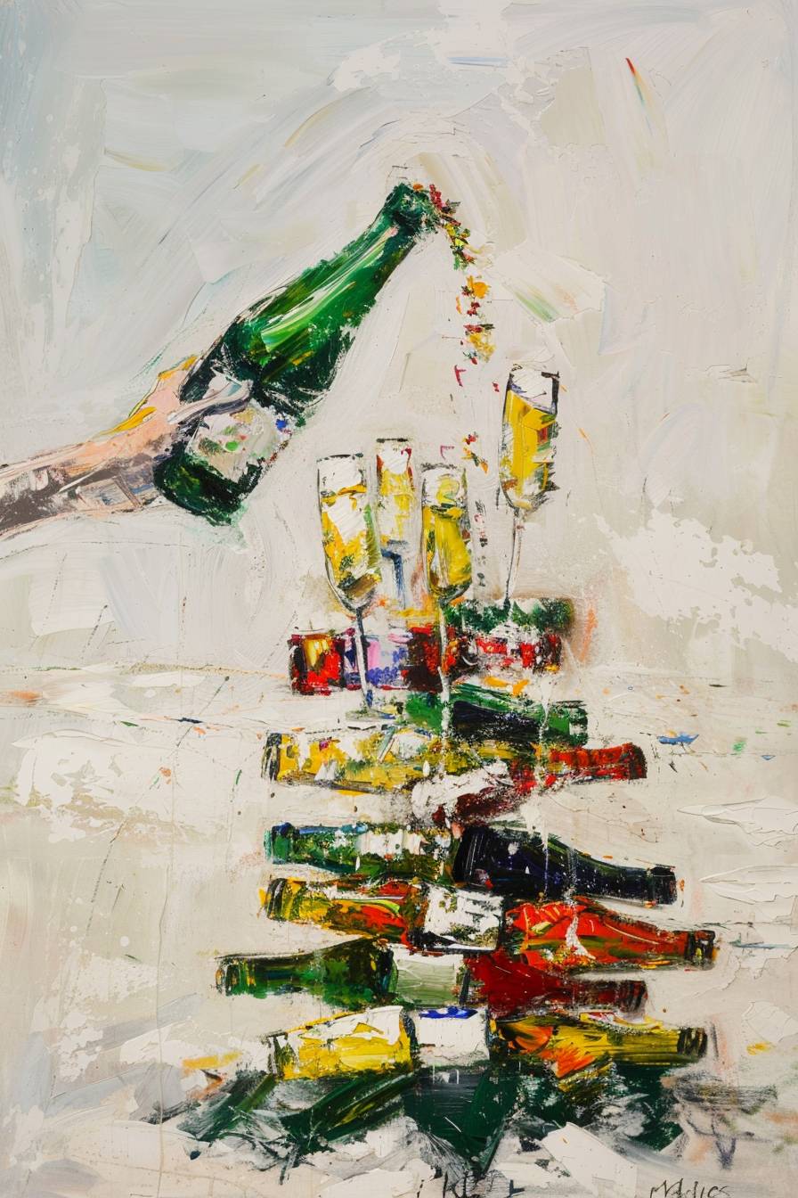 A small illustration of a champagne pyramid. There is a hand pouring champagne from a champagne bottle with champagne flowing from the top down, seen from afar, painted in broad brush strokes, oil painting, Henri Matisse, white background