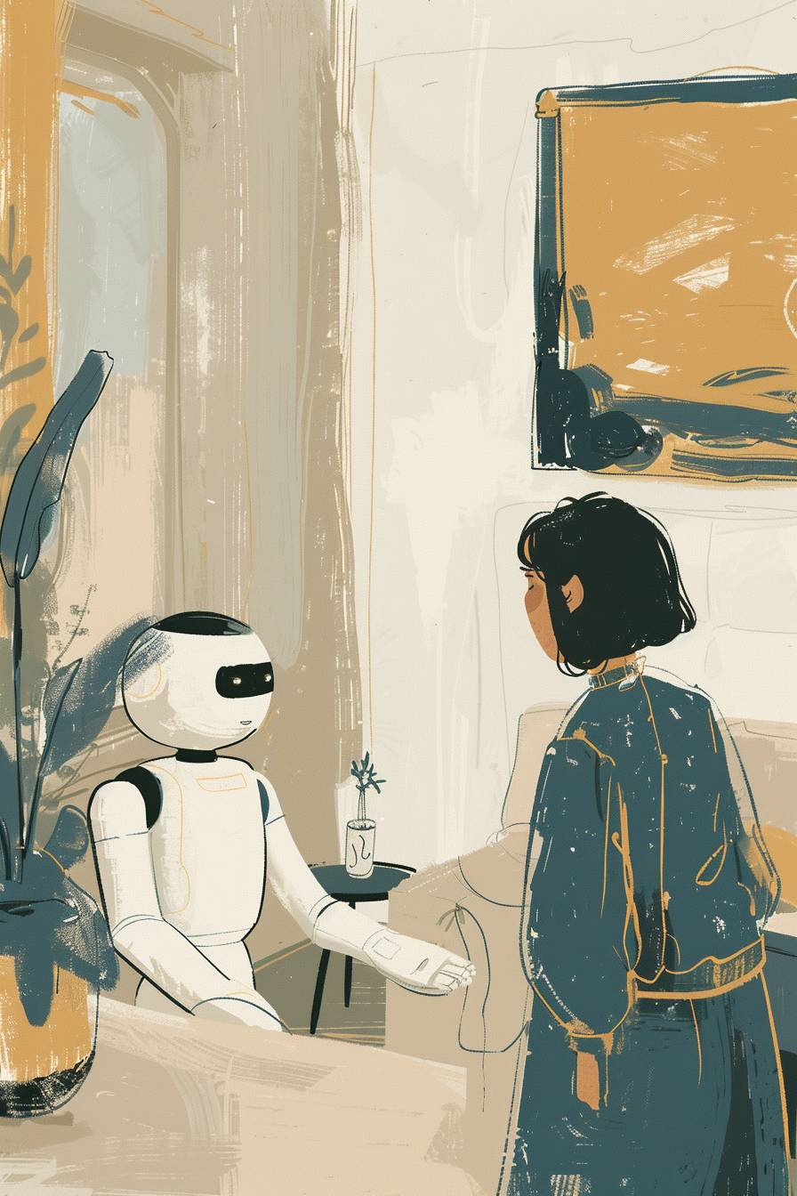 A futuristic robot companion interacting with a girl in a sleek, modern home, showcasing advanced AI features in a warm and inviting setting