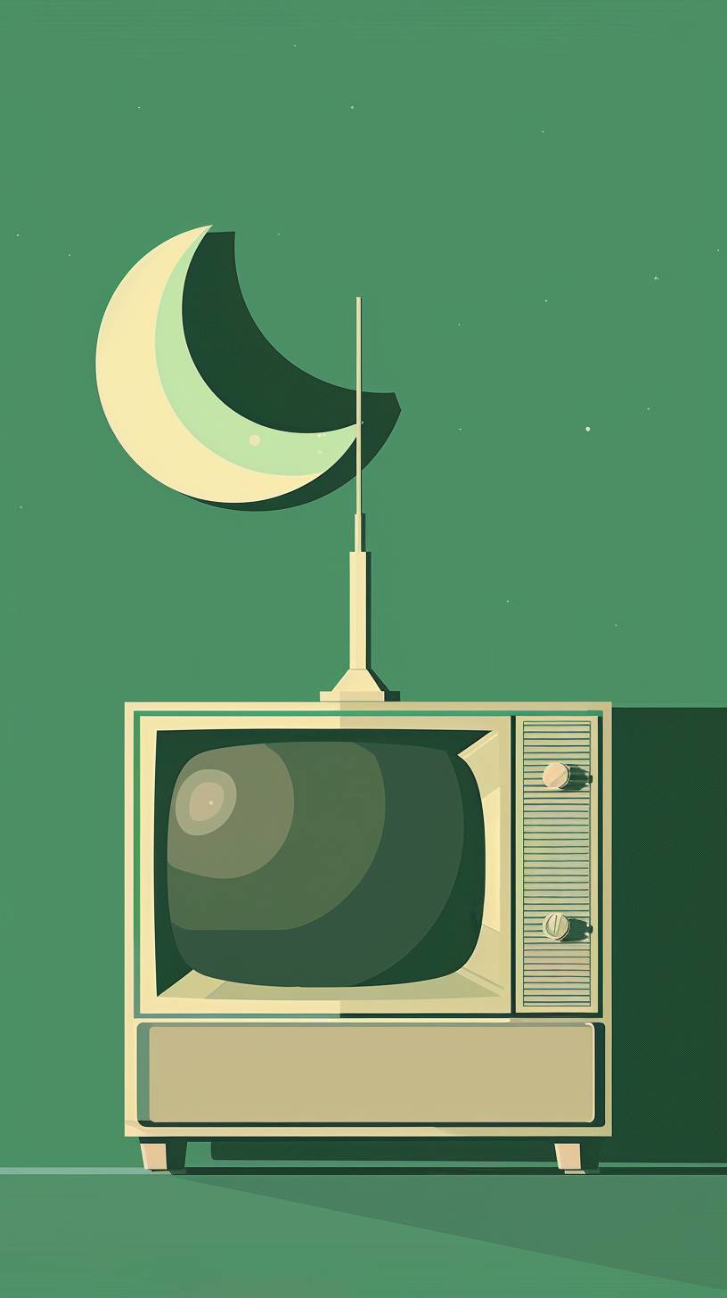 半円の月が上部にあるテレビを描いたフラットなイラストで、光り輝く緑色に囲まれ、見出しの引用文のための空間があります。背景はエメラルドライトグリーンの色調です。このイラストのスタイルはミニマリストのアジアのアーティストのスタイルです。