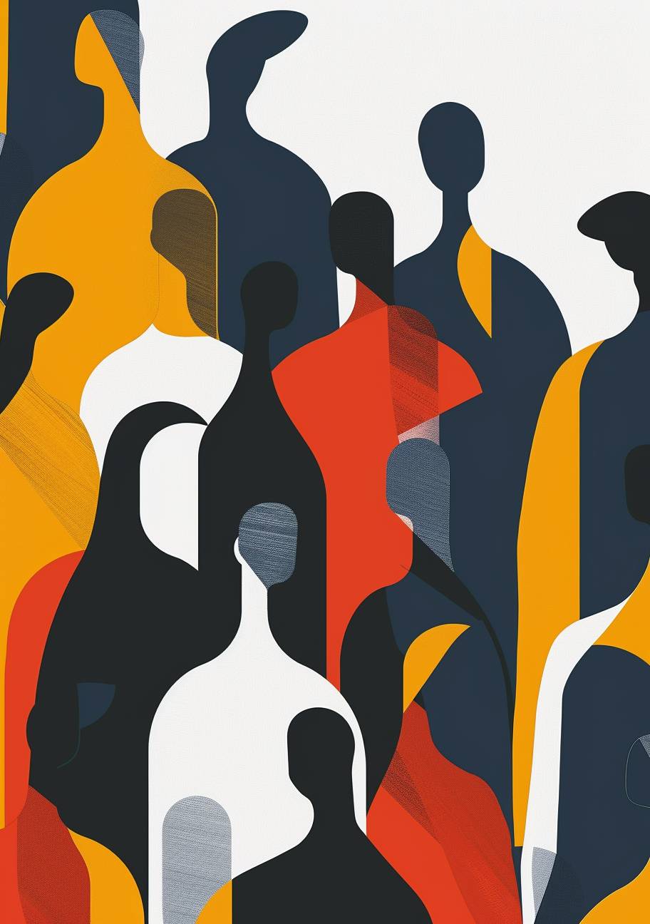 Illustration depicting abstract human figures filling the frame on a white background, the style of illustration is dynamic and minimal, use of clean smooth geometry and shapes.