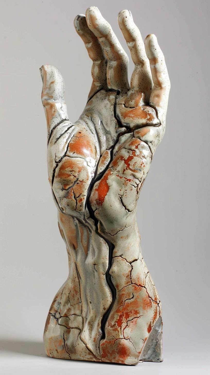 sculpture of a muscular open hand, cellular, Raku ceramic