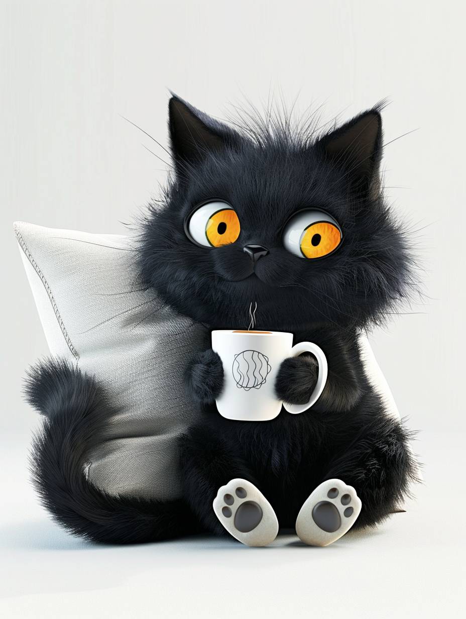 Cute black cat sitting with his back against a throw pillow drinking coffee, cartoon character design and high resolution 3D rendering, cute with adorable expression, white paws holding a cup of coffee, yellow eyes, fluffy, black tail