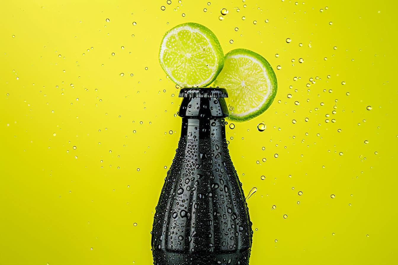 Bottle of coca-cola with waterdrops on the bottle, yellow background with pieces of lime flying from the back of the bottle, realism - aspect ratio 3:2 - personalized 6xkrf8s - stylized 250 - version 6.0