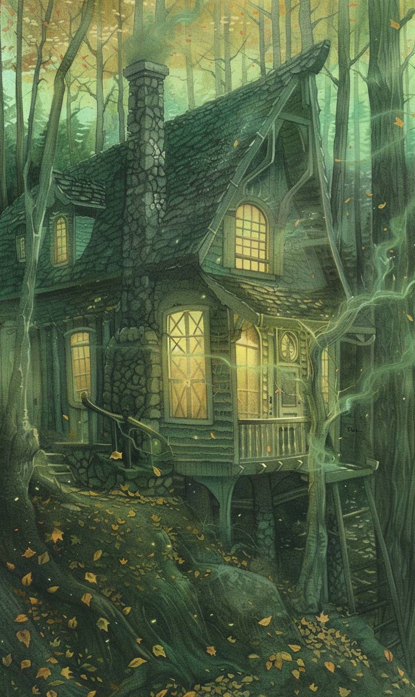 A cozy cottage in the woods during autumn, warm light glowing from the windows, leaves falling gently, smoke rising from the chimney