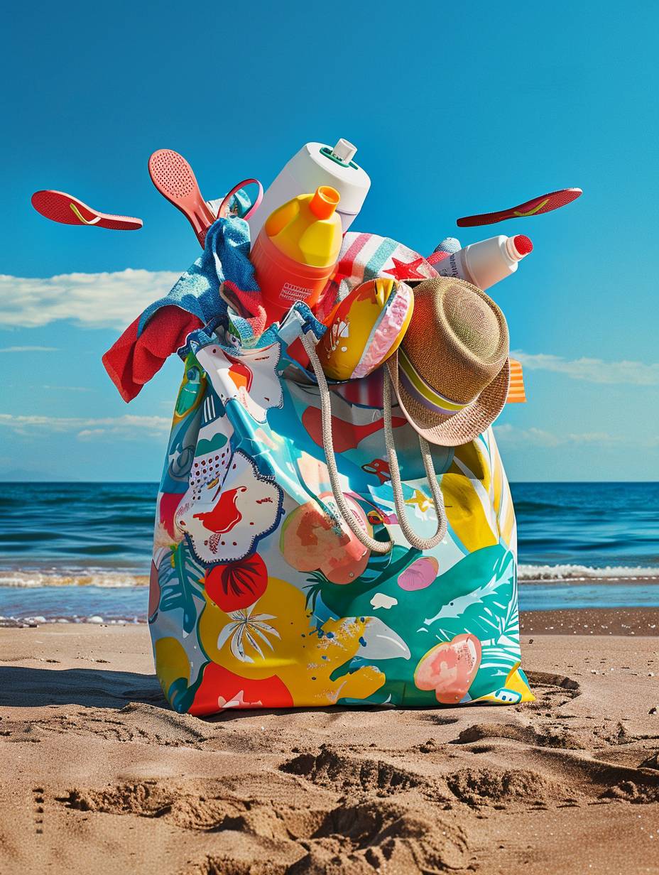 Advertising photograph, a bag on the beach, all the contents of the bag are floating out the top of the bag, suncream, flip flops, baseball cap, towel, water bottle, bright and poppy colors
