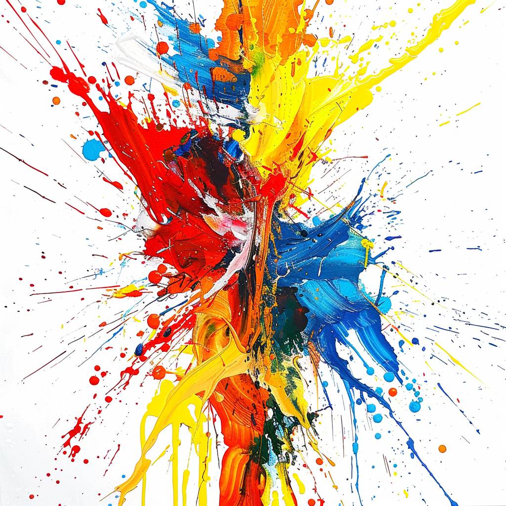 A splatter painting of an [Subject] in [Color1] and [Color2] paint, white background, centric, dripping and splashing effects, flat, 2D, fine brush strokes, artistic and expressive.