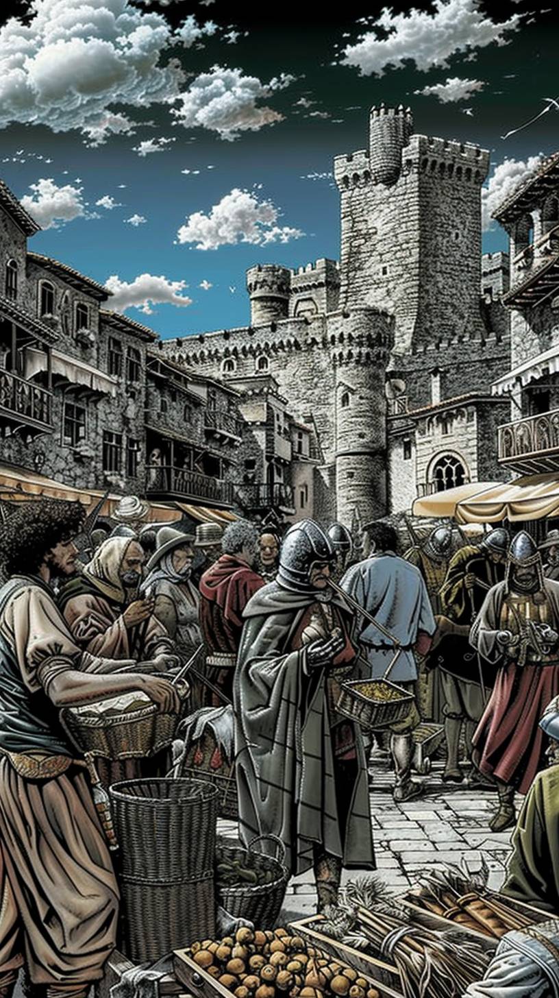 A bustling medieval marketplace, vendors selling various goods, people in period costumes, castle in the background, lively atmosphere