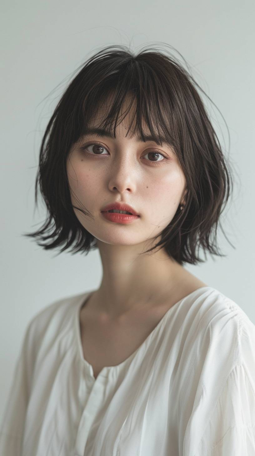 8K, RAW photo, best quality, haircut photo, one beautiful Japanese woman, ennui, natural light, 30 years old, close-up, high tone ash brown, short straight hair, with bangs, smoky ivory, white tunic, light makeup, light brown brows, realistic skin texture, light gray background, Sony a7R IV, Leica 11678, aperture f9