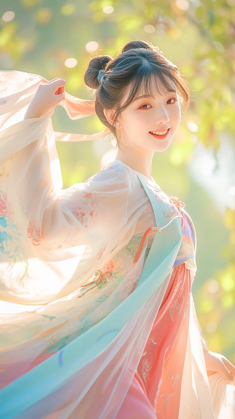 Chinese girl, dress, full-body shot, real photography, smile, short hair, UHD, 6k, portrait, smiling, vibrant colors, professional photograph, playful, lively, energetic, happy, traditional clothing, traditional Chinese dress, modern twist, contemporary fashion, Asian beauty, youthful, carefree, joyful::1 glasses, frowning, dark, gloomy::-0.5