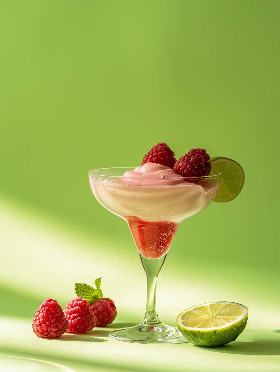 Professional realistic photograph, product photography, close up, minimal style, elegant, high end, raspberry daiquiri, minimal soft pastel lime green background