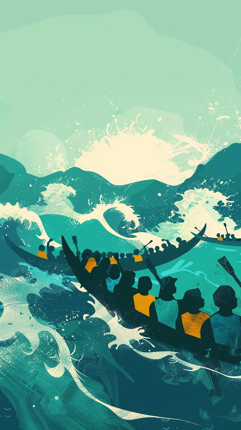 A group of people in the water for dragon boat racing, paddling with waves, blue and green tones, minimalist, design sense, illustrative design