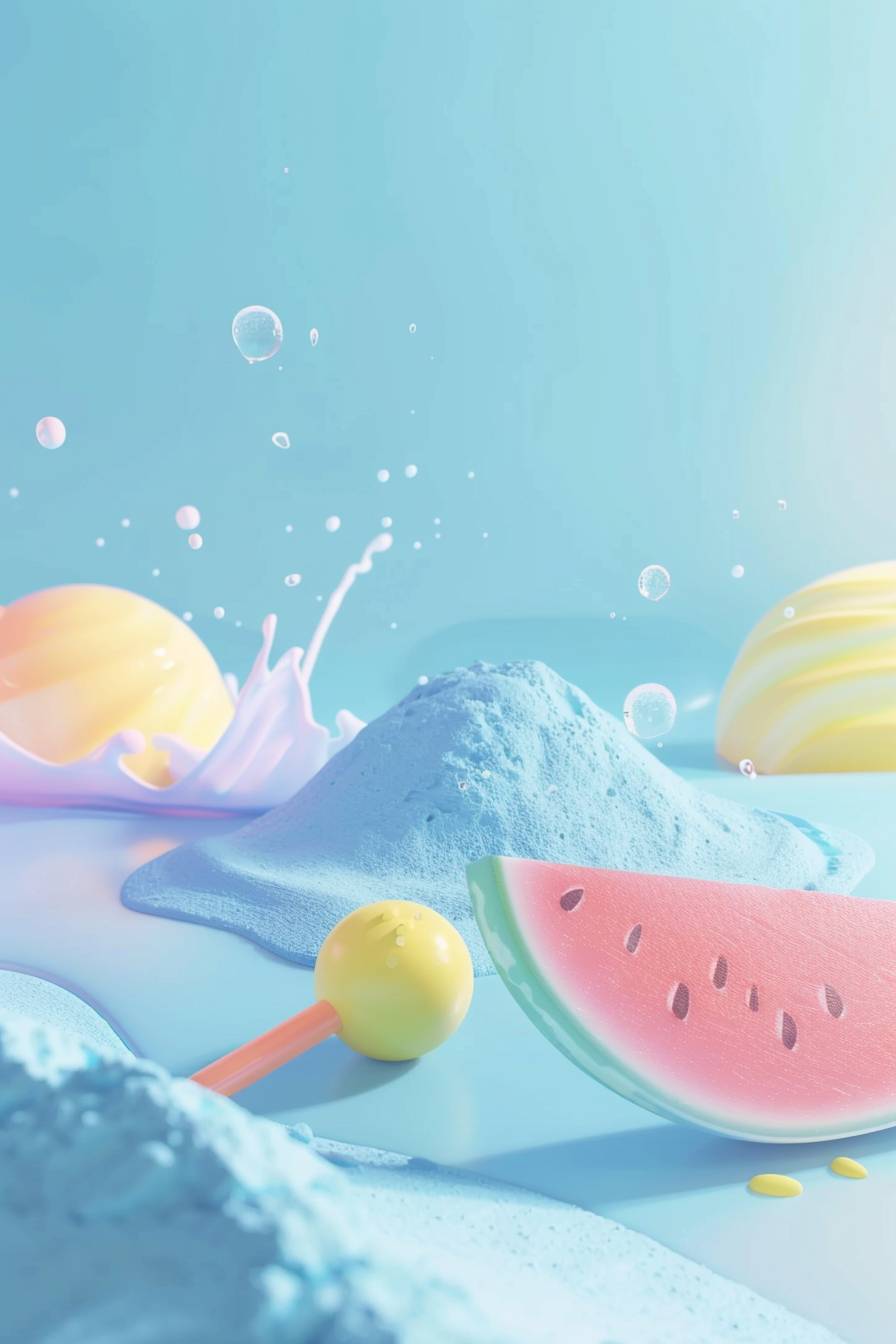 Smooth light blue background, summer, frame of one watermelon, sea, ball, one ice cream, in the middle a lot of space for text, colorful and happy pastel minimalist style, childish, flowing, colors yellow, light blue, purple, 3D, anime, cartoon made of clay, High quality, minimalist style