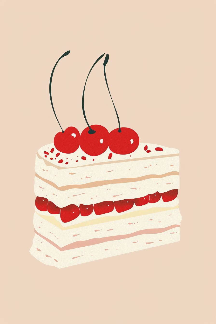 Minimalist illustration of a birthday cake with red and white frosting and cherry-topped layers in the style of Gemma Correll on a plain background, cute