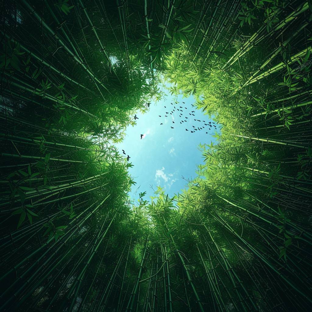 A green forest, seen from the top of bamboo with an opening in which light shines through. The blue sky is visible at bottom and birds can be seen flying around the center point. This creates an immersive feeling that feels like you have fallen into it or shown up on its surface. You should feel as if your entire body has been placed inside this jungle of lush trees. It's very beautiful. There seems to come out from behind every leaf. A symmetrical composition.