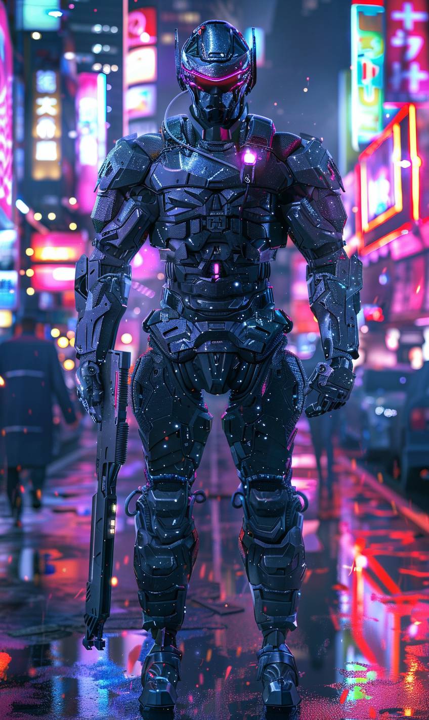 Cyberpunk man with black carbon fiber armor, enhanced with robotic parts, futuristic city background, illuminated by neon lighting, front angle view, inspired by Blade Runner movie, cinematic, epic realism, highly detailed 8k