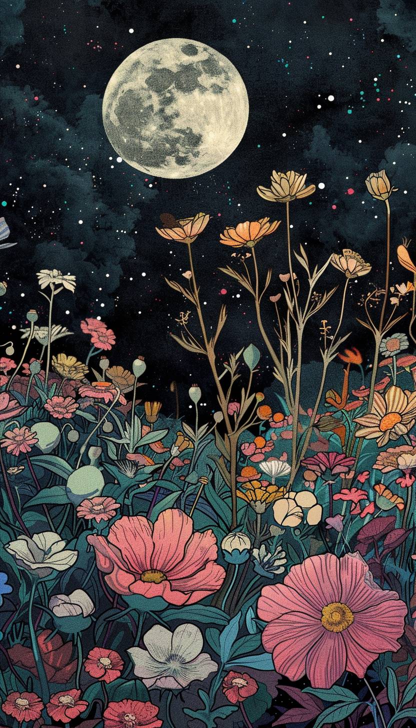 In the style of Sarah Andersen, a celestial garden blooming with otherworldly flowers