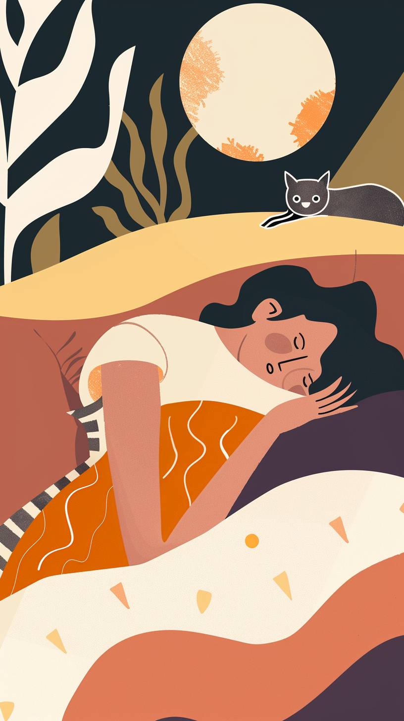 A flat illustration of a woman sleeping in a bed with a cat lying on her head, minimalist, warm, utilitarianism, geometric, danish design